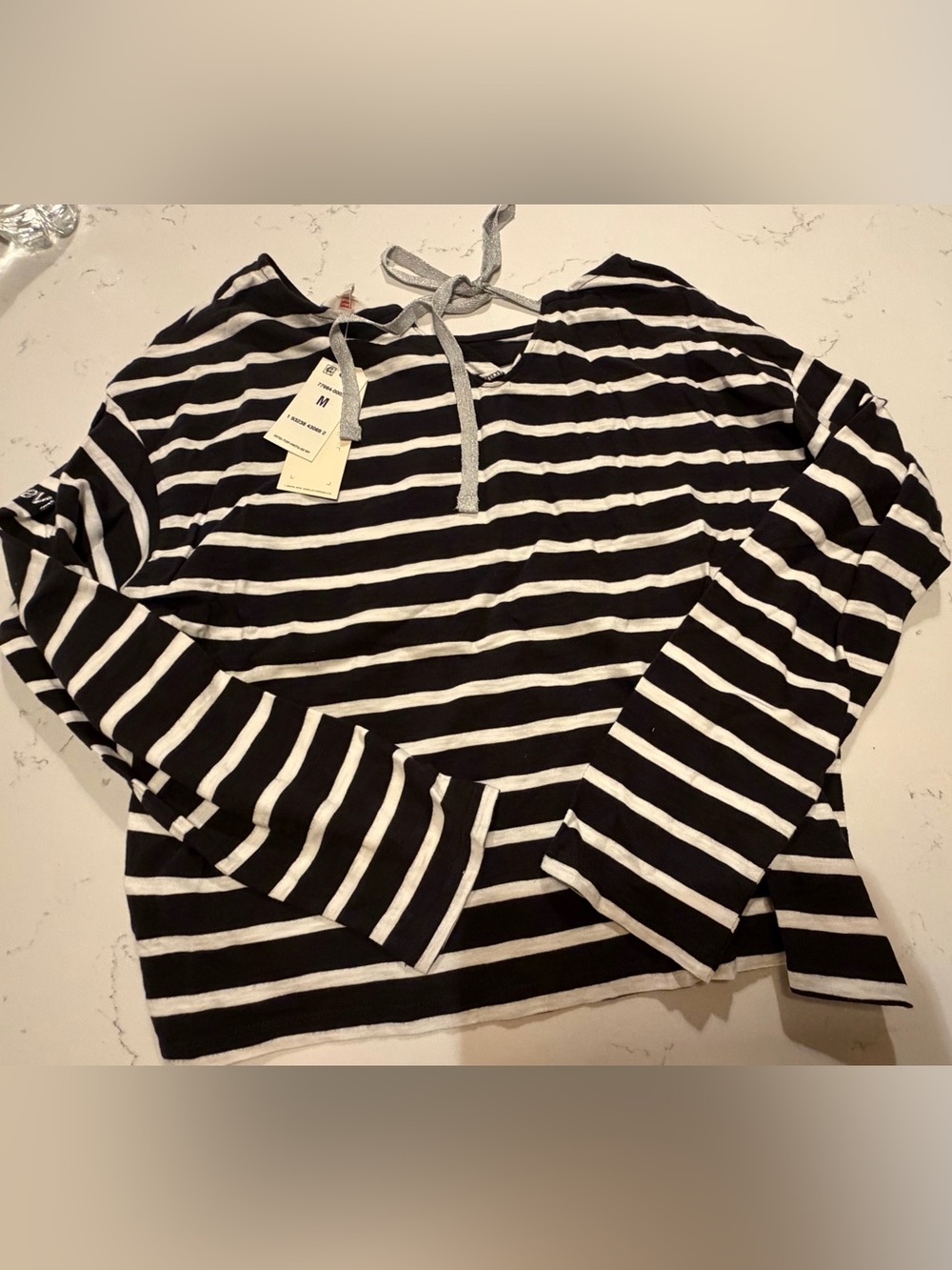 Levi's Black & White Striped Long-Sleeve Top with Tie Neck
